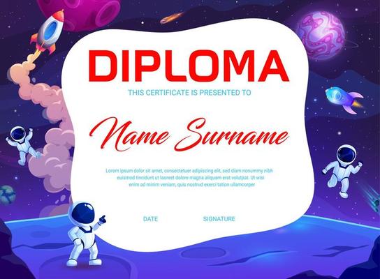 Kids diploma cartoon astronauts on moon surface