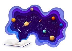 Space paper cut with opened book, planets, galaxy vector