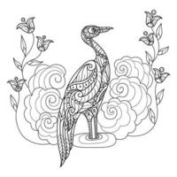 Crane and flowers hand drawn for adult coloring book vector