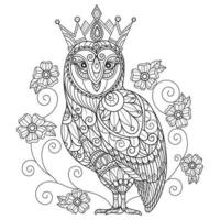 Owl and crown hand drawn for adult coloring book vector