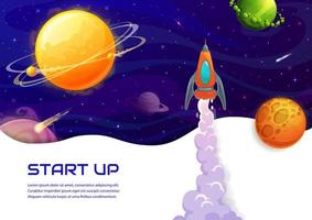 Space landing page with spaceship launch, planets vector