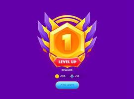 Level up banner. Gaming task complete prize, vector