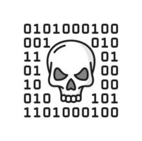 Skull and binary system, cyber attack line icon vector