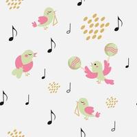 Vector seamless pattern with singing song birds, musical notes, instruments maracasas and triangles, dots.