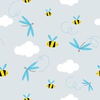 Seamless vector pattern with cute bees, dragonflies and clouds. Print for children textile, pack, fabric, wallpaper, wrapping.