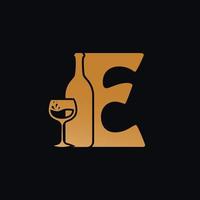 Letter E Logo With Wine Bottle Design Vector Illustration On Black Background. Wine Glass Letter E Logo Design