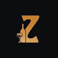 Letter Z Logo With Wine Bottle Design Vector Illustration On Black Background. Wine Glass Letter Z Logo Design