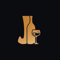 Letter J Logo With Wine Bottle Design Vector Illustration On Black Background. Wine Glass Letter J Logo Design