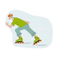 A jolly old man wearing headphones rushing around on roller skates. Flat style vector image. Active grandfather.