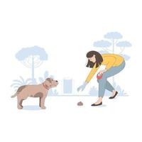 woman cleaning up after her dog in the park vector