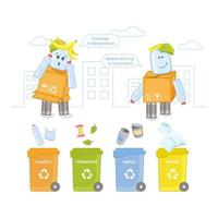 Funny garbage men for a banner about waste sorting. Concept of waste sorting and recycling. Modern vector illustration for children.