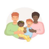 Same-sex couple with kids, LGBT couple, black dad and white dad with their kids vector