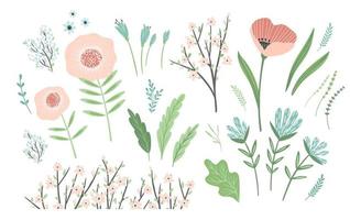 Set of spring floral design elements. Leaves, flowers, grass, branches Vector illustrations