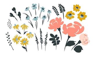 Set of abstract floral design elements. Leaves, flowers, grass, branches Vector illustrations