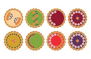 The pie tart set consists of cream vanilla, green tea, pumpkin, pomegranate and blueberry. vector