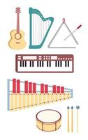 musical instrumentos con guitarra, arpa, triángulo, xilófono, piano teclado, tambores y palos vector