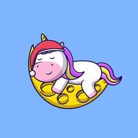 Cute Unicorn Sleeping On Moon Wearing Beanie Hat Cartoon Vector Icons Illustration. Flat Cartoon Concept. Suitable for any creative project.