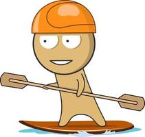 Boy in a helmet on a surfboard with a paddle in his hands vector