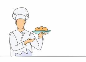 Continuous one line drawing of young attractive male chef holding main dish food tray and ready to serve to customer. Good resto service concept single line draw graphic design vector illustration