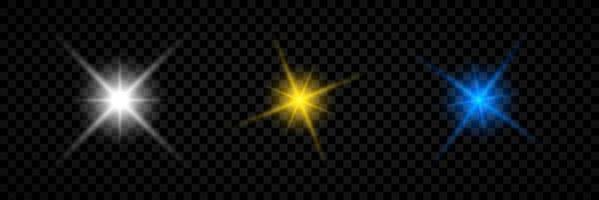 Light effect of lens flares. Set of three white, yellow and blue glowing lights starburst effects with sparkles on a transparent background. Vector illustration