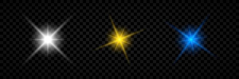 Light effect of lens flares. Set of three white, yellow and blue glowing lights starburst effects with sparkles on a transparent background. Vector illustration