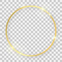 Gold shiny round frame with glowing effects and shadows on transparent background. Vector illustration