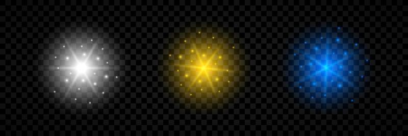 Light effect of lens flares. Set of three white, yellow and blue glowing lights starburst effects with sparkles