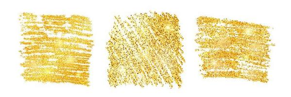 Set of three golden paint glittering square backdrops on a white background. Background with gold sparkles and glitter effect. Empty space for your text. Vector illustration