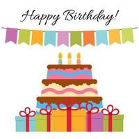 Greeting Card with Sweet Cake for Birthday Celebration. Vector illustration