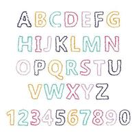 Hand Drawn Latin Alphabet Letters and Numbers. Uppercase modern font and typeface. Multicolored symbols on white background. Vector illustration.