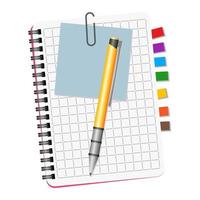 Notebook with colored bookmarks, blue notice and yellow pen on a white background vector