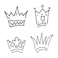 Hand drawn crowns. Set of four simple graffiti sketch queen or king crowns. Royal imperial coronation and monarch symbols vector