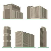 Set of five modern high-rise building on a white background. View of the building from the bottom. Isometric vector illustration.