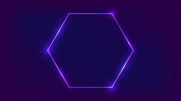 Neon hexagon frame with shining effects on dark background. Empty glowing techno backdrop. Vector illustration.