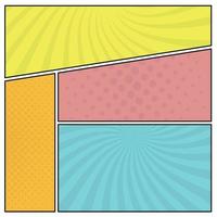 Colorful comic book page background in pop art style. Empty template with rays and dots pattern. Vector illustration