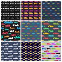 Set of nine seamless patterns with cars on multicolor background. Vector illustration.