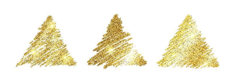 Set of three golden paint hand drawn glittering triangles on a white background. Background with gold sparkles and glitter effect. Empty space for your text. Vector illustration