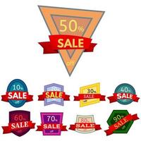 Set of different nine discount stickers. Colorful badges with red ribbon for sale 10 - 90 percent off. Vector illustration.