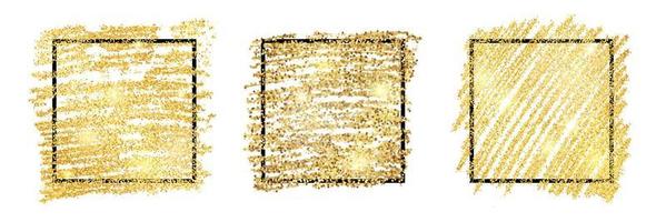 Set of three golden paint glittering backdrops with black square frames on a white background. Background with gold sparkles and glitter effect. Empty space for your text. Vector illustration