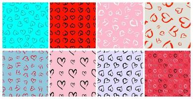 Set of eight seamless pattern with hand drawn hearts. Doodle grunge heart. Vector illustration.