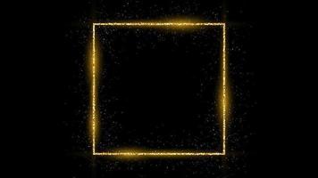 Golden square frame with glitter, sparkles and flares on dark background. Empty luxury backdrop. Vector illustration.