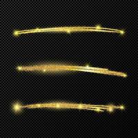 Abstract shiny confetti glittering waves. Set of three hand drawn brush golden strokes on black vector