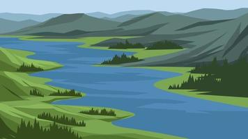 Flat nature landscape background with river through mountains vector