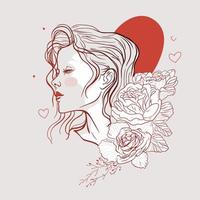 Beautiful woman line art and flowers, vector illustration