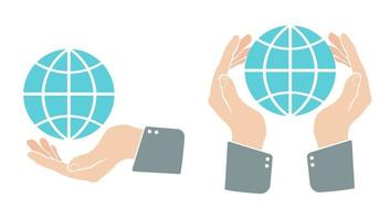 Hand with blue globe in retro style. vector