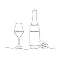 Bottle of wine with wineglass and grape bunch in continuous one line drawing. Vector illustration