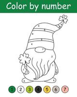 Color by number game for kids. Cute gnome with clover. St. Patrick's Day coloring book. Printable worksheet with solution for school and preschool. Learning numbers activity. vector