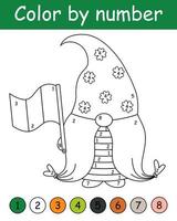 Color by number game for kids. Cute gnome with irish flag. St. Patrick's Day coloring book. Printable worksheet with solution for school and preschool. Learning numbers activity. vector