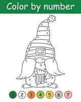 Color by number game for kids. Cute gnome with mug beer. St. Patrick's Day coloring book. Printable worksheet with solution for school and preschool. Learning numbers activity. vector