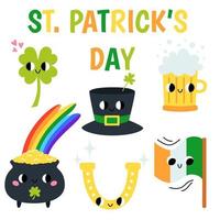 St. Patrick's Day set. Cute groovy retro clipart elements. 70s, 80s, 90s cartoon style. Vector illustration for print, poster, banner, stickers.